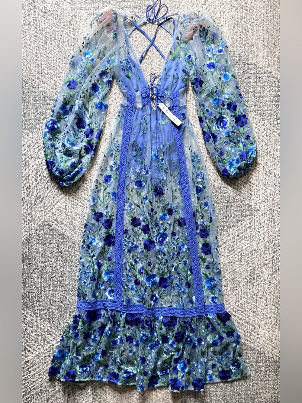 For Love And Lemons Extremely Rare Luna Maxi Dress in Blue Floral Embroidery
